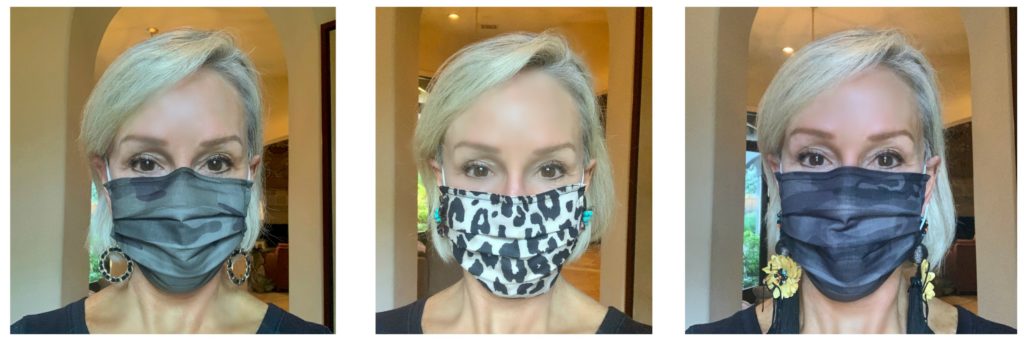 3 photos of Sheree of the SheShe Show wearing camo and leopard facemasks