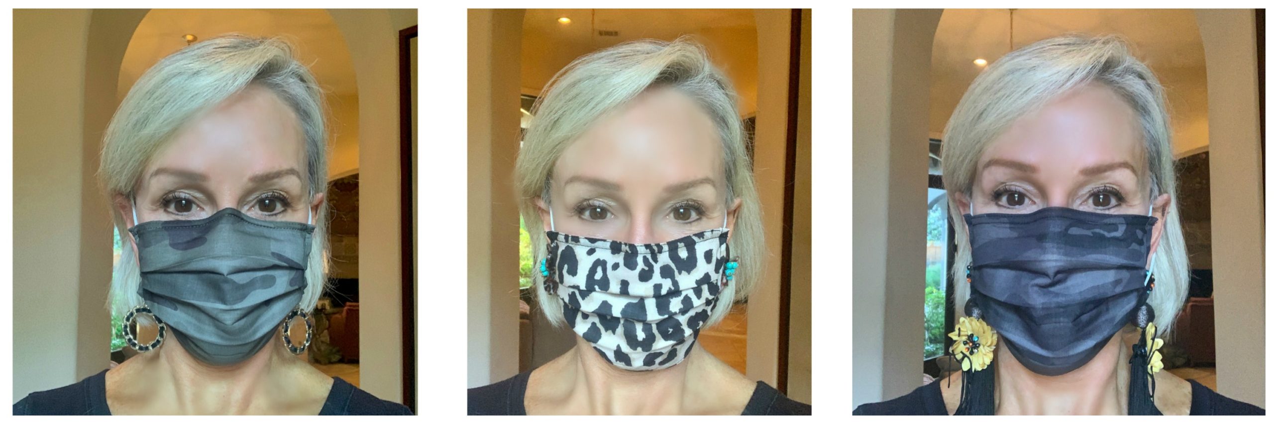 3 photos of Sheree of the SheShe Show wearing camo and leopard facemasks