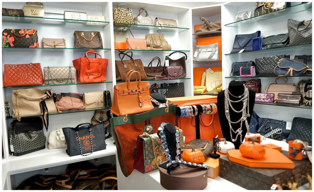 Display of preowned designer bags at the Vintage Contessa showroom