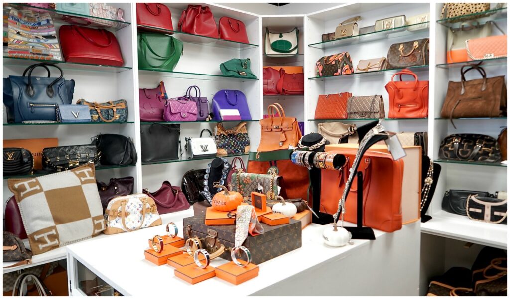 Display of preowned designer bags at the Vintage Contessa showroom