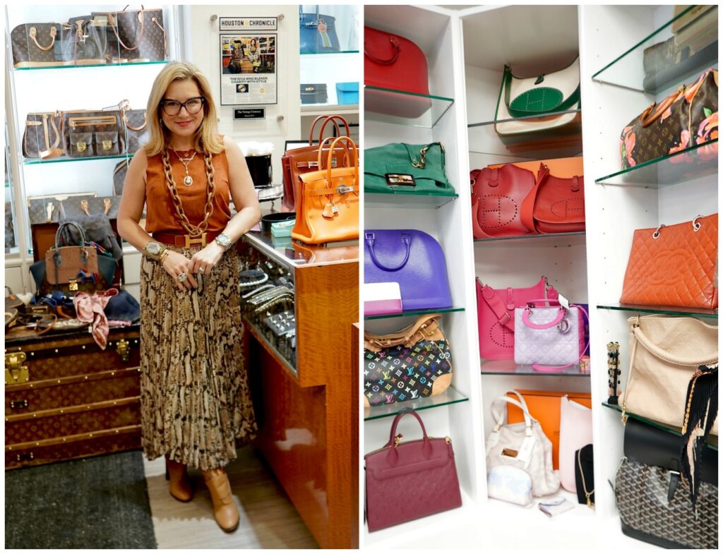 Donae of the Vintage Contessa and a display of Hermes bags