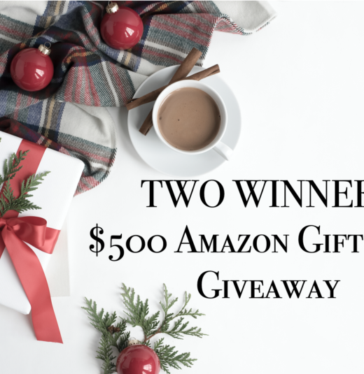 Photo of a cup of coffee and holiday greenery with text Two Winners $500 Amazon Gift Card Giveaway
