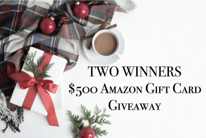 Photo of a cup of coffee and holiday greenery with text Two Winners $500 Amazon Gift Card Giveaway