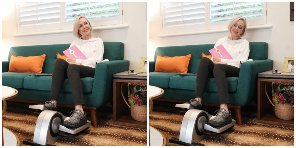 Sheree Frede sitting on couch using Cubii a seated elliptical