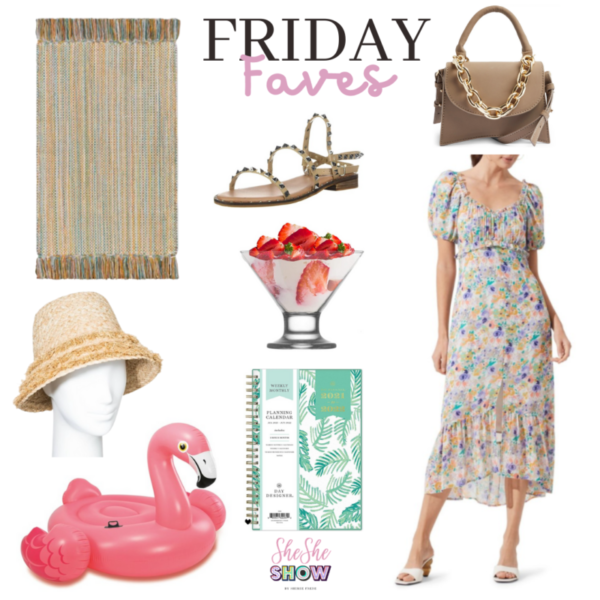 Friday Faves Collage with pool float, floral dress, wine colored mini handbag, fringe colorful rug, studded sandals, straw bucket hat and day planner