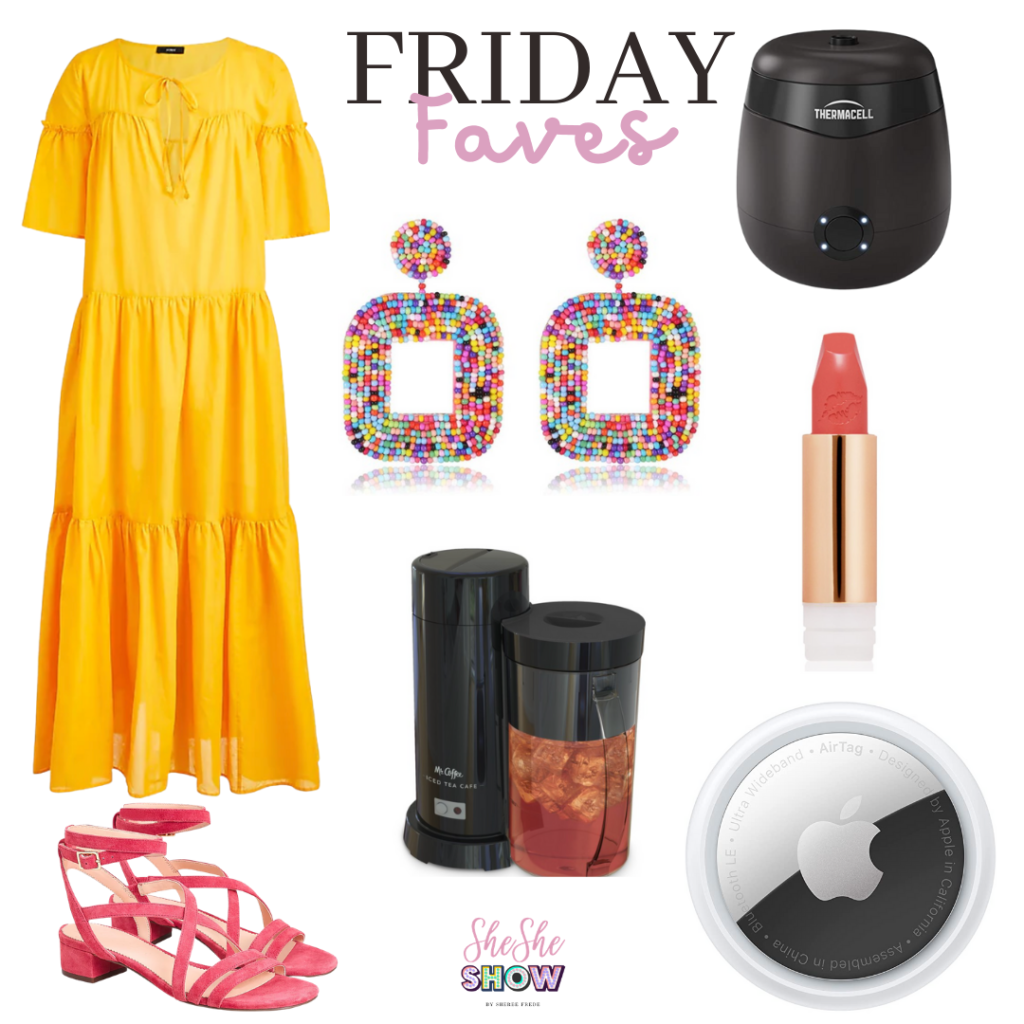 friday faves collage with dress, earrings, strappy heels, iced cofee maker, apple air tag