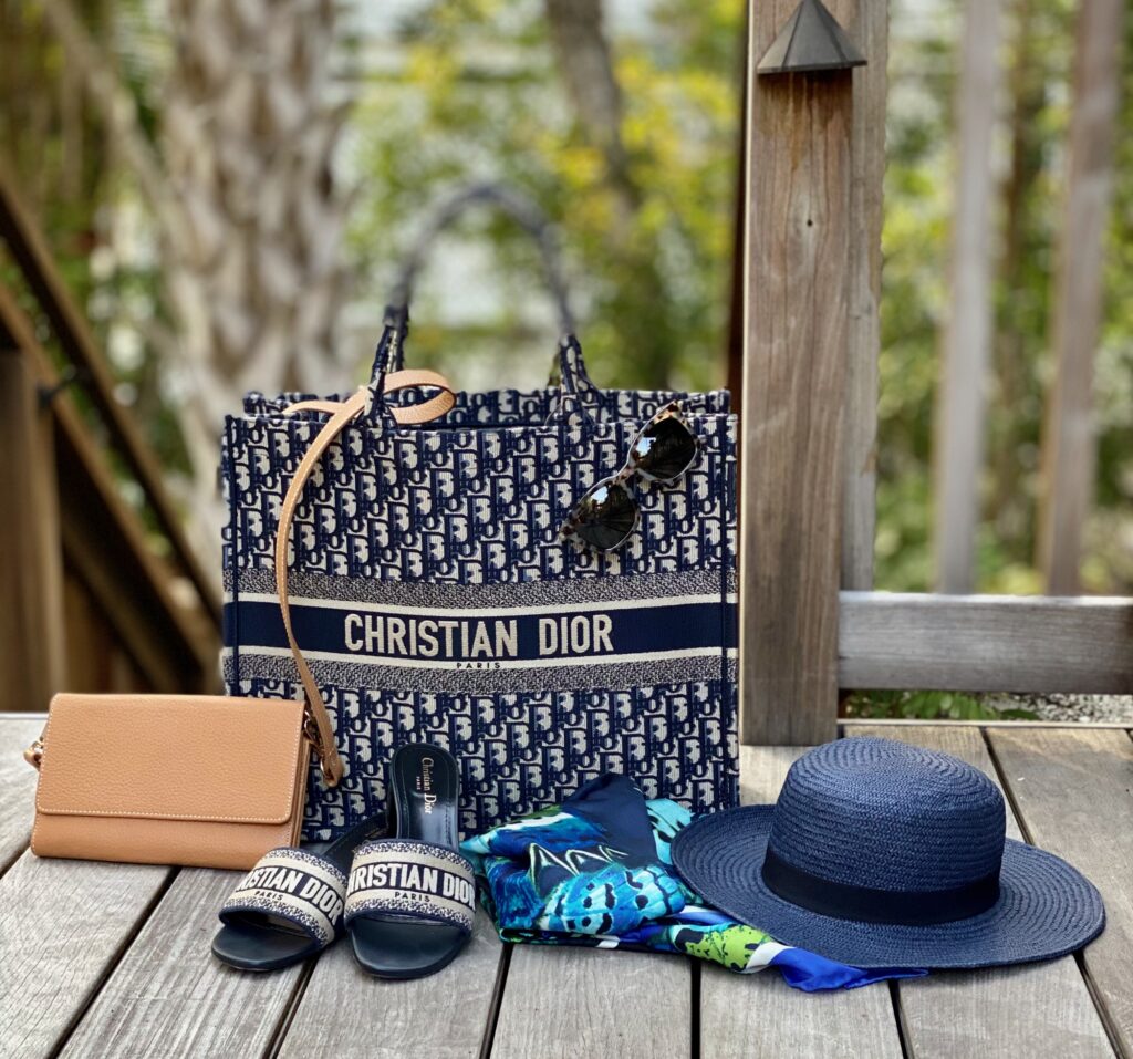 Christian Dior Bag and slide sandals,boat hat , scarf, and wallet bag