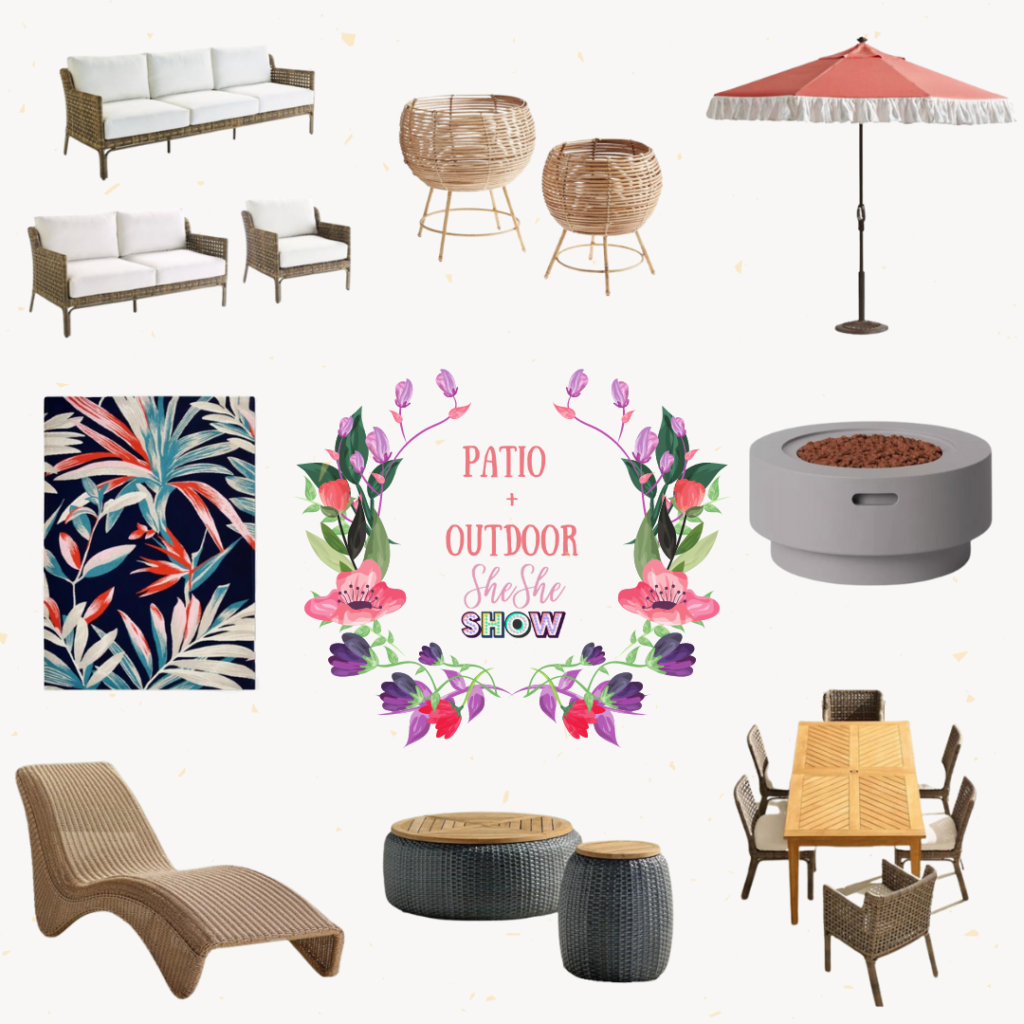 A collage for friday faves on shesheshow.com of patio + outdoor must-haves.
