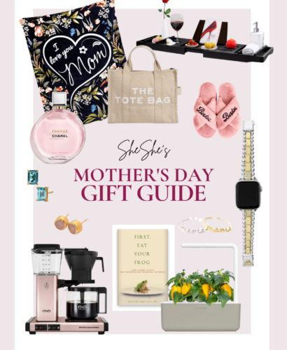 This photo is a collage of Sheree Frede's Mother's Day Gift Guide featuring her top 12 favorite gifts including a blanket, Apple Watch wristband, a tote bag, slippers, a coffee maker, a book, earrings, perfume and a planter.