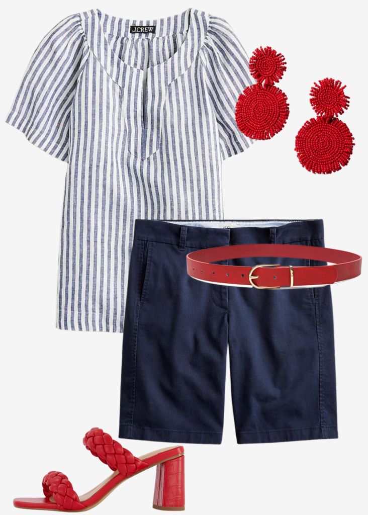 Collage of J Crew striped navy and white blouse, navy chino shorts, red belt, red beaded earrings and braided block heel red sandals for Memorial Day fashion inspiration