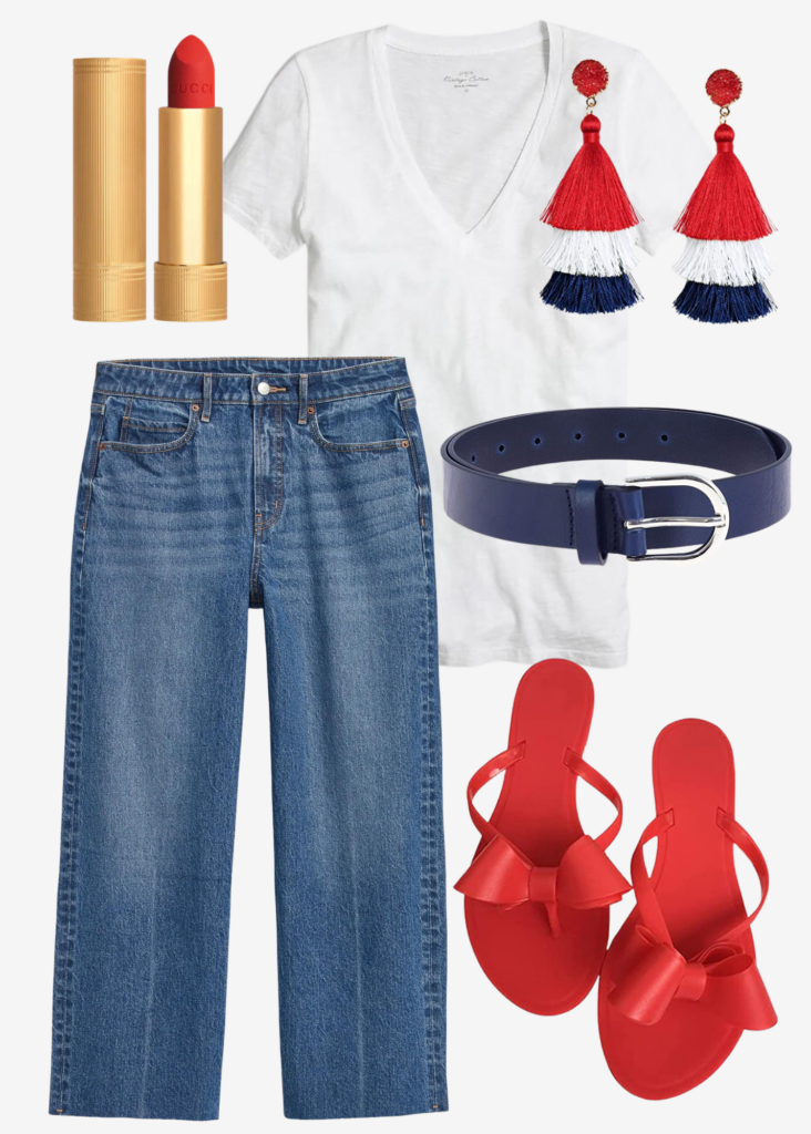 Collage photo of Memorial Day attire including cropped jeans, white tee, navy belt, red bow sandals and red white and blue tassel earrings.
