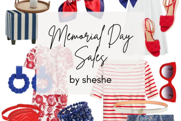 Memorial Day Sales collage for home and fashion sales blog on the SheSheShow featuring red white and blue shirts, dresses, jewelry, home accessories and more