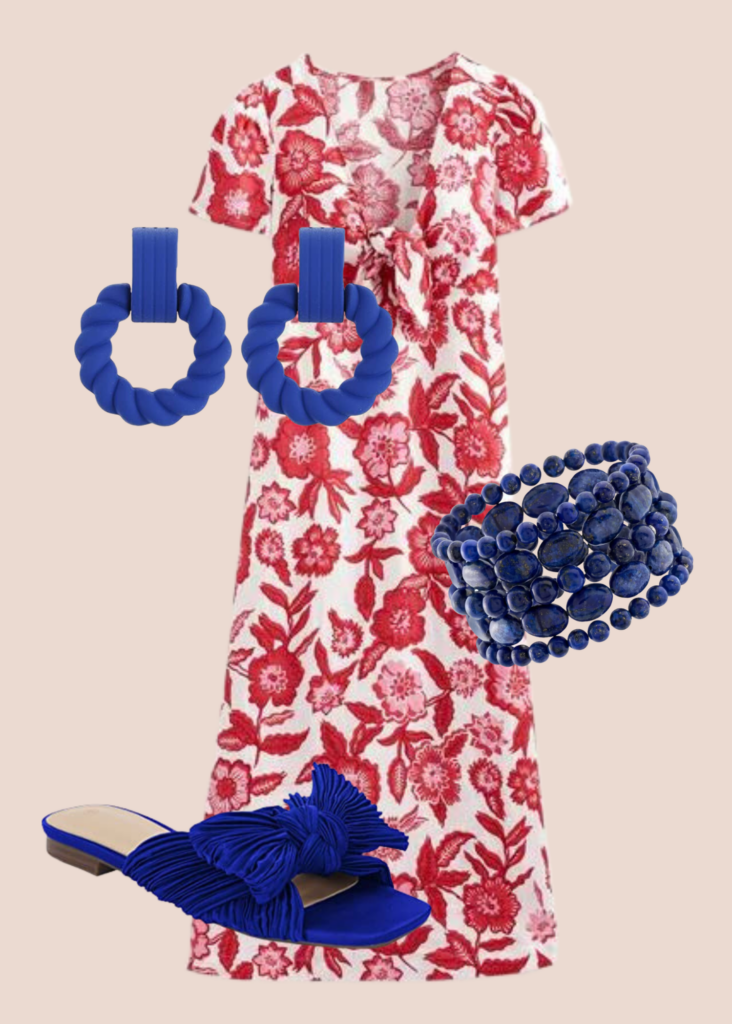 Memorial Day or July 4th patriotic collage with white dress with red floral pattern, blue beaded bracelet, blue drop hoop earrings and blue bow sandals for red white and blue outfit.