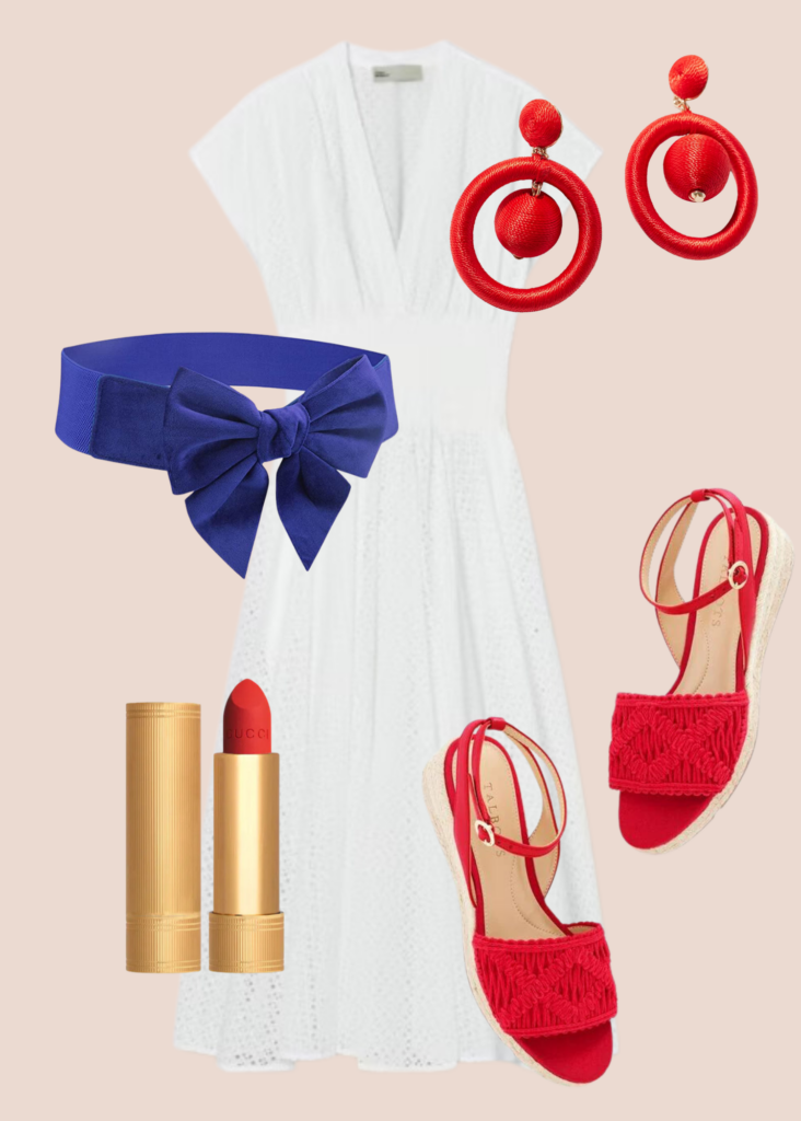 Memorial Day collage with Tory Burch white dress, red Chico's drop hoop earrings, Amazon blue belt, and Talbot's red crochet wedges and Gucci matte red lipstick.
