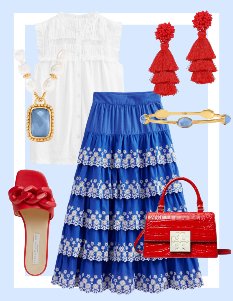 Collage of 4th of July fashion with white sleeveless blouse, red tassel earrings, red jelly slide sandal, blue and gold necklace and bracelet and red handbag/