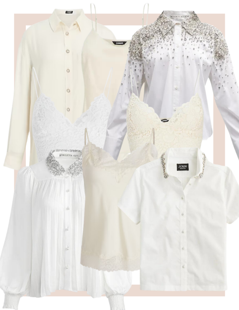 Collage of white embellished blouses and lace camisoles to show how to dial up denim.