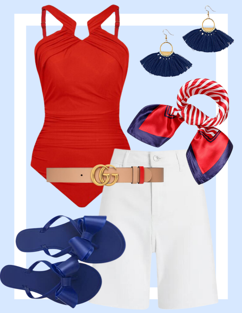 Collage of 4th of July fashion using a red one piece swimsuit as a bodysuit paired with white jean shorts, blue blow flip flops, red bandana, Gucci belt and tassel earrings.