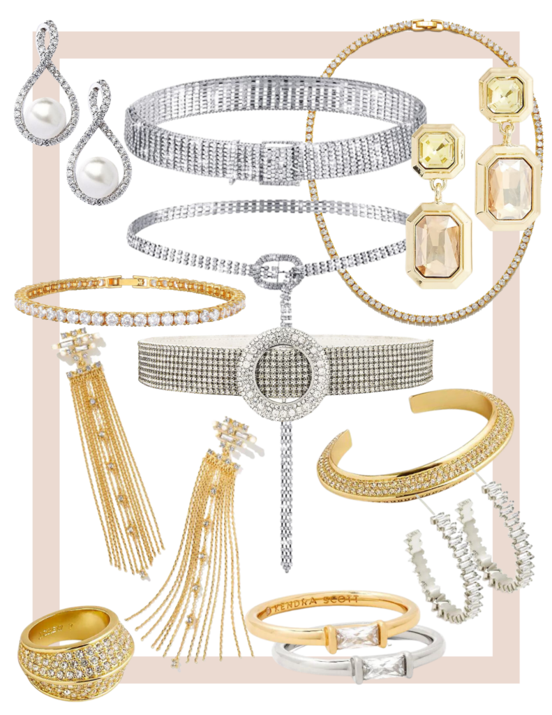Collage of rhinestone belts and jewelry to dial up denim outfits