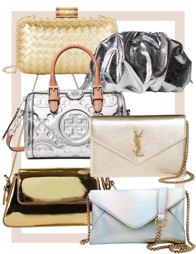 Collage of metallic handbags from designer to affordable options for dialing up your denim outfits.