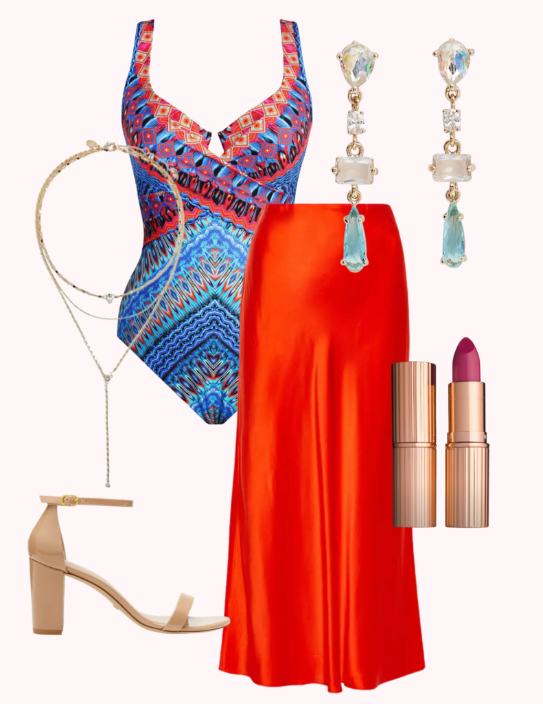 Collage showing Miraclesuit swimsuit with orange silk skirt, Y necklace, nude strappy heels, lipstick and drop stone earrings for how to style a swimsuit as a bodysuit