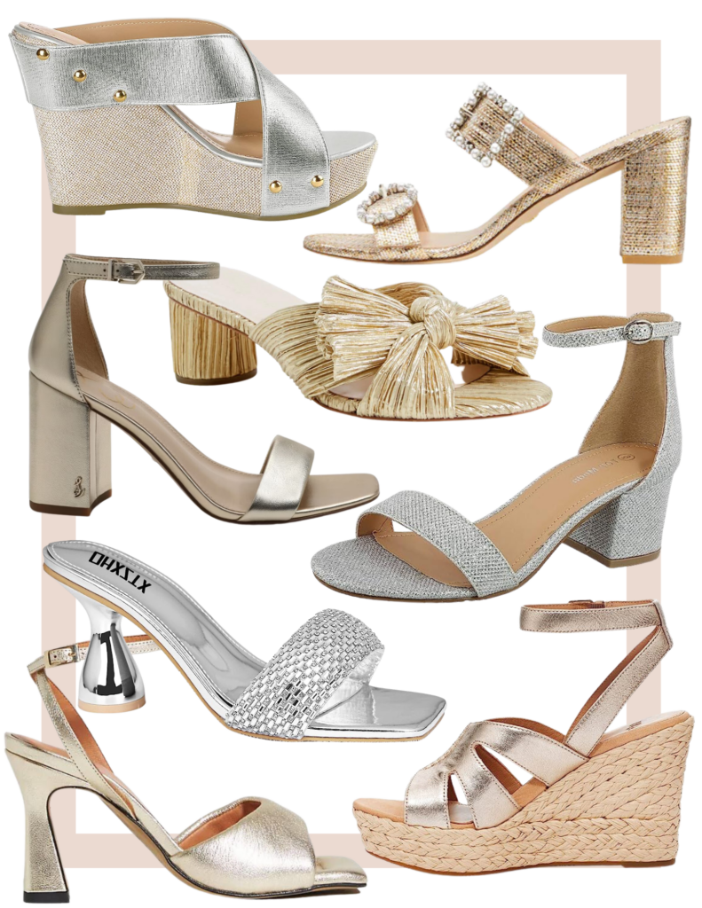 Collage of metallic gold and silver sandals to dial up denim looks.