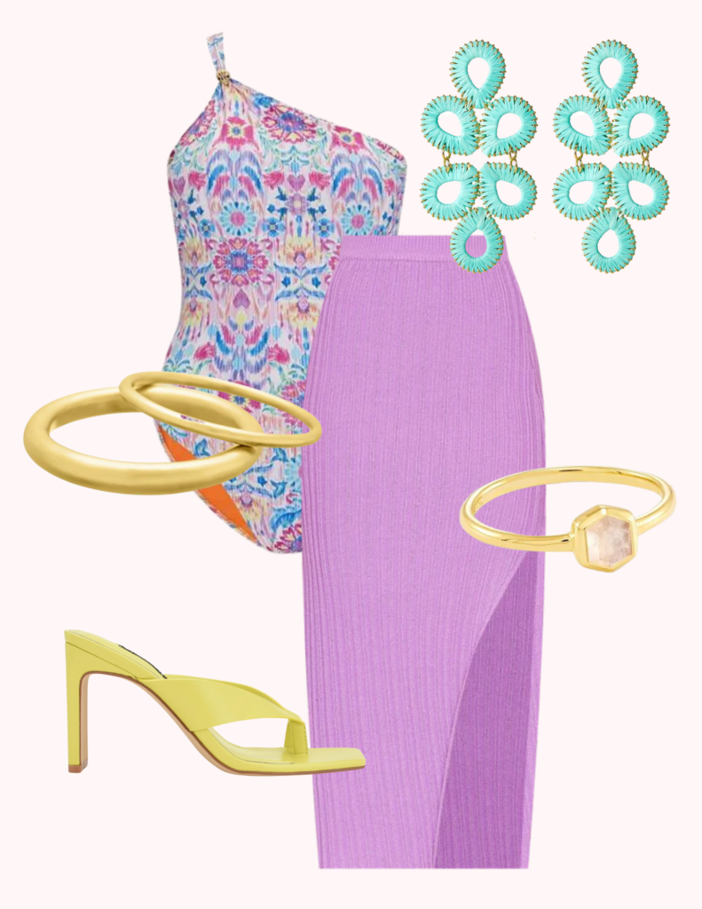 Collage of multicolored one shoulder swimsuit, purple ribbed skirt, turquoise raffia earrings, gold bangle bracelets, pink quartz ring and yellow heeled sandals displaying styling a swimsuit as a bodysuit.