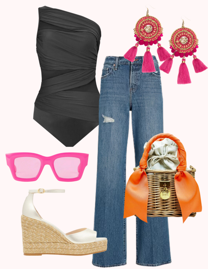 Collage of black one strap swimsuit used as a bodysuit styled with denim wide leg jeans, pearl raffia wedge heel, basket handbag with orange boy, hot pink sunglasses, and orange and pink tassel earrings.