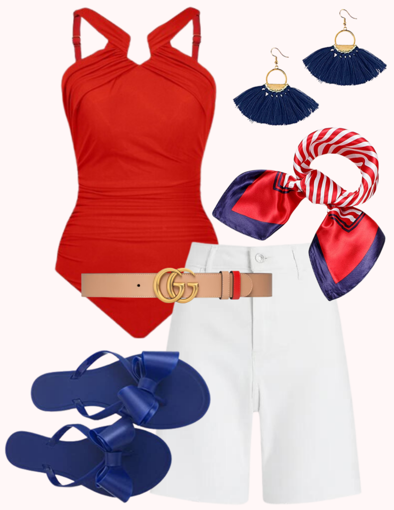 Collage of red one piece swimsuit styled as a bodysuit with white jean shorts, navy bow flip flops, tan Gucci belt, red/white/blue handkerchief, and navy tassel earrings showing a patriotic outfit. 