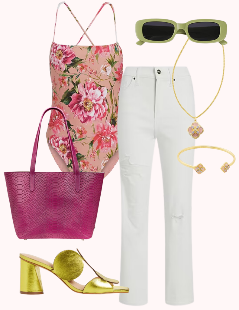 Collage of pink floral swimsuit, pink snakeskin tote, matching Kendra Scott rose quartz pendant necklace and bracelet, metallic green heeled sandals and white jeans for bodysuit style inspiration.