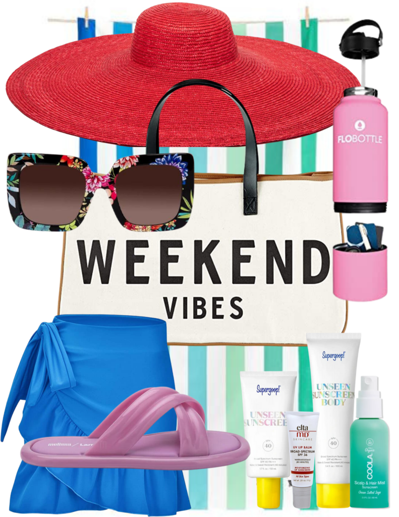 Collage of beach bag necessities including red floppy hat, floral sunglasses, blue swimsuit coverup, sunscreen, jelly sandals, and a water bottle