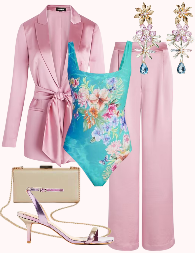 Collage of turquoise floral swimsuit with satin pink blazer and pants set, rhinestone floral drop earrings, purple metallic heels, and champagne colored clutch showing swimsuit as a bodysuit style example.