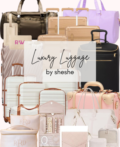 Collage of luxury luggage including suitcases, totes, carry-ons, duffle bags and jewelry cases.