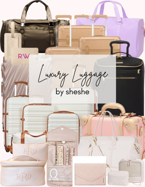 Collage of luxury luggage including suitcases, totes, carry-ons, duffle bags and jewelry cases.