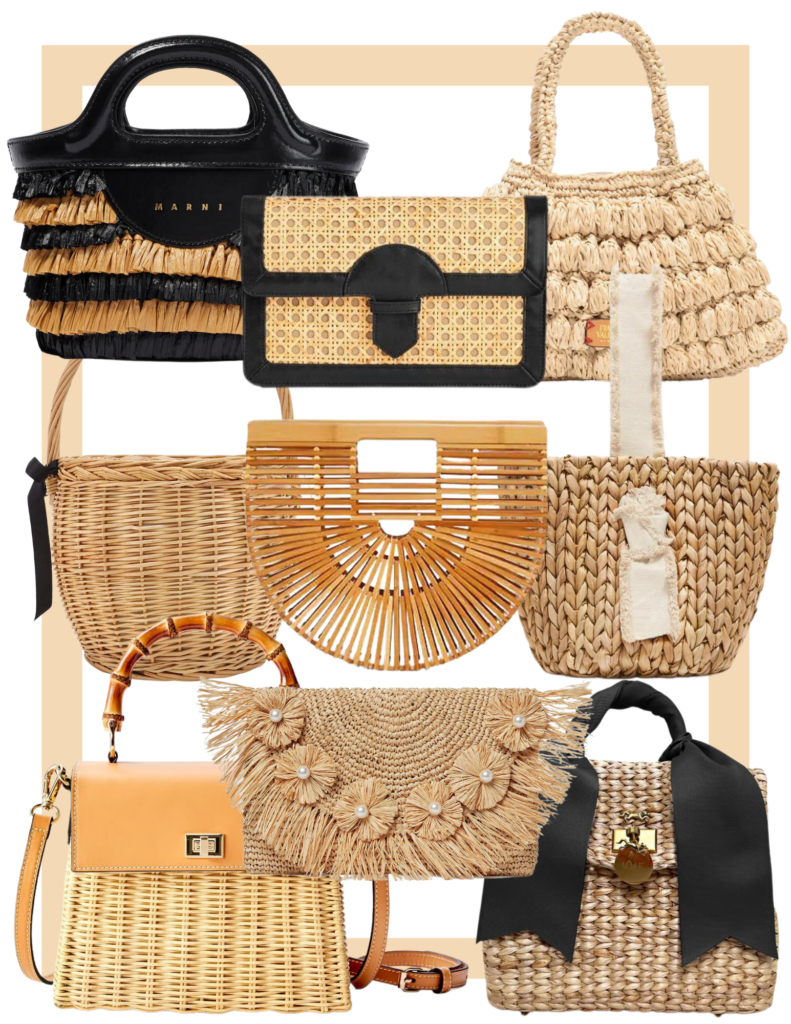 Collage of noteworthy naturals bags including raffia, straw, wicker and bamboo handbags for summer handbags of 2023