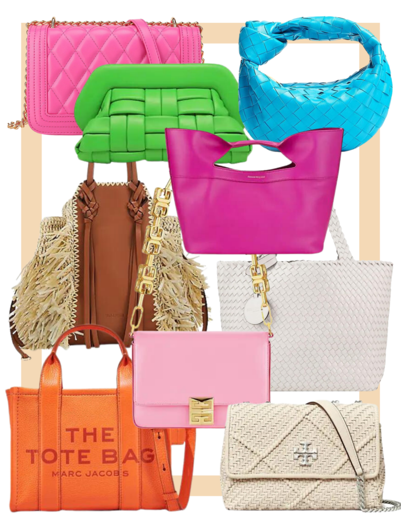 Collage of luscious leather handbags featuring genuine and faux woven leather handbags in bright colors and different trendy styles for summer handbags of 2023.