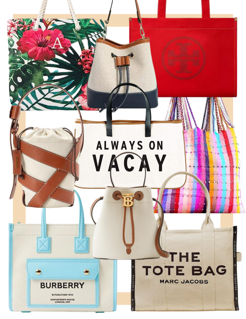 Collage of colorful and neutral canvas totes and bucket bags for summer handbags 2023 trends.