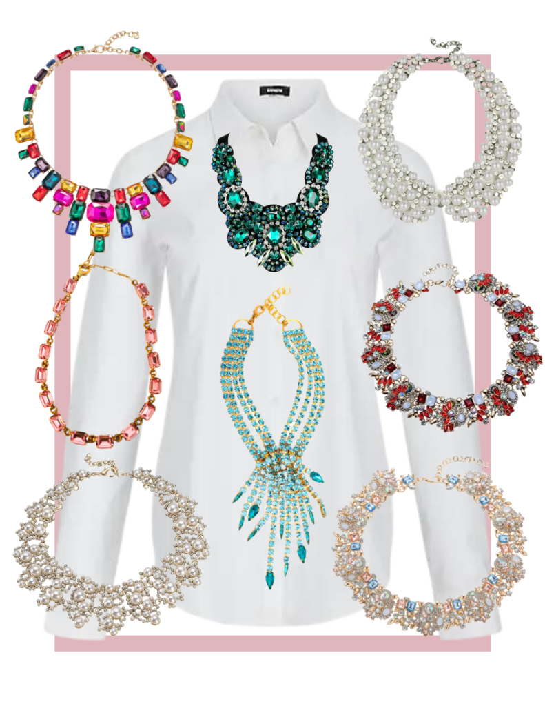 Collage of button front shirt styled with 8 different statement necklaces