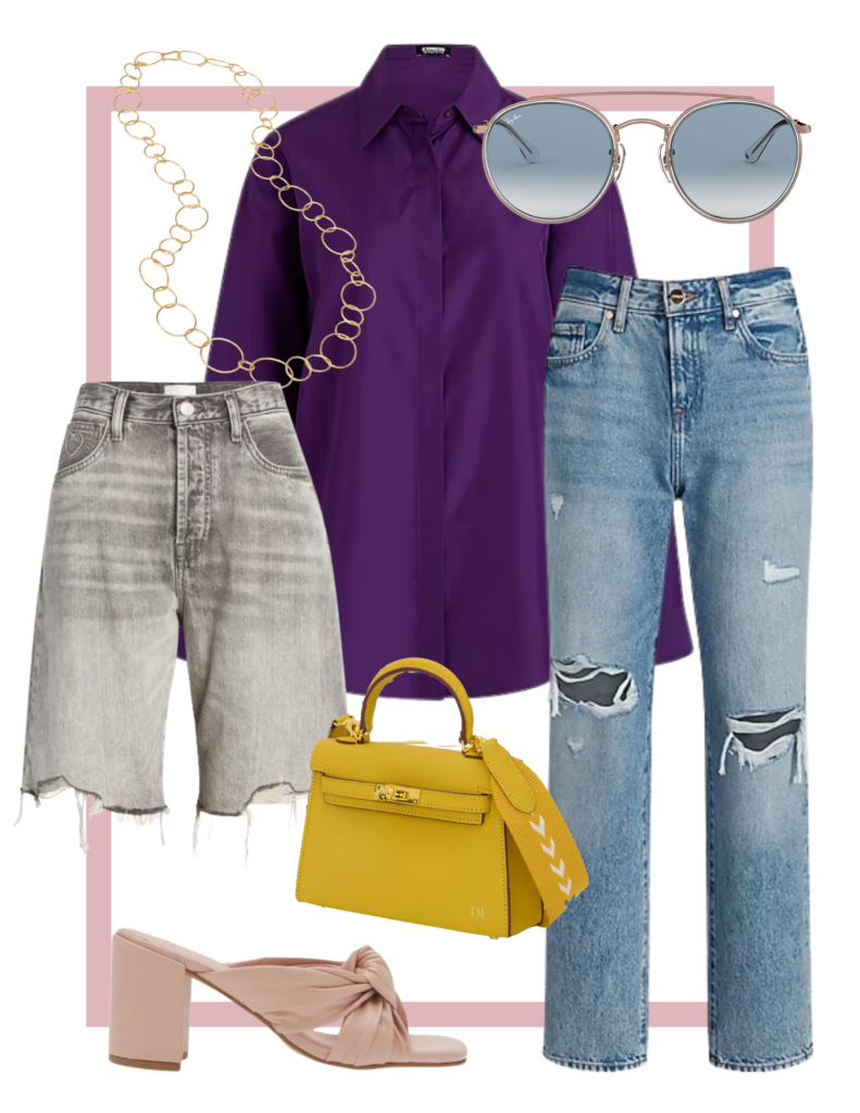 Collage of button front shirt styled with jean shorts or boyfriend jeans, handbag, heels, gold chain and sunglasses
