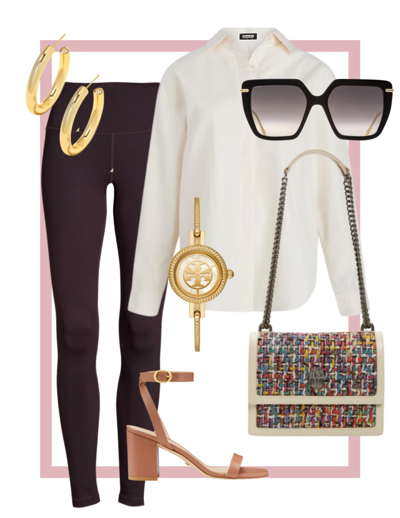 Collage of Button Front shirt with leggings and heels plus accessories