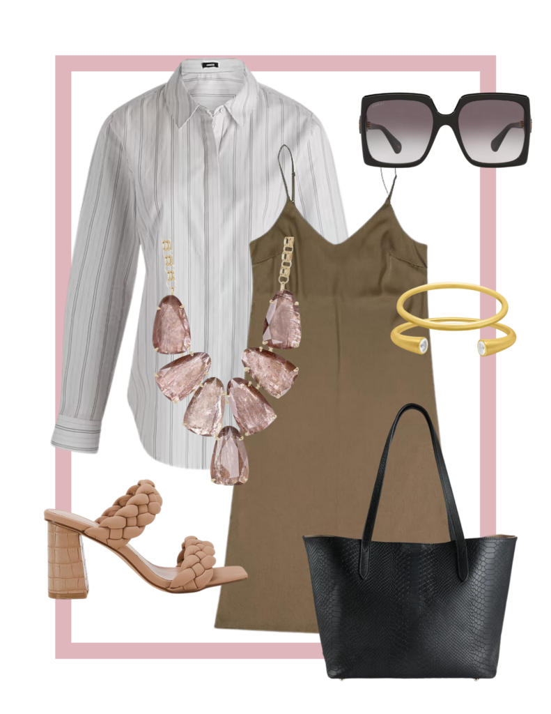 Collage of striped button front shirt over a slip dress with tote bag, heels, black sunglasses, statement necklace and bangles.