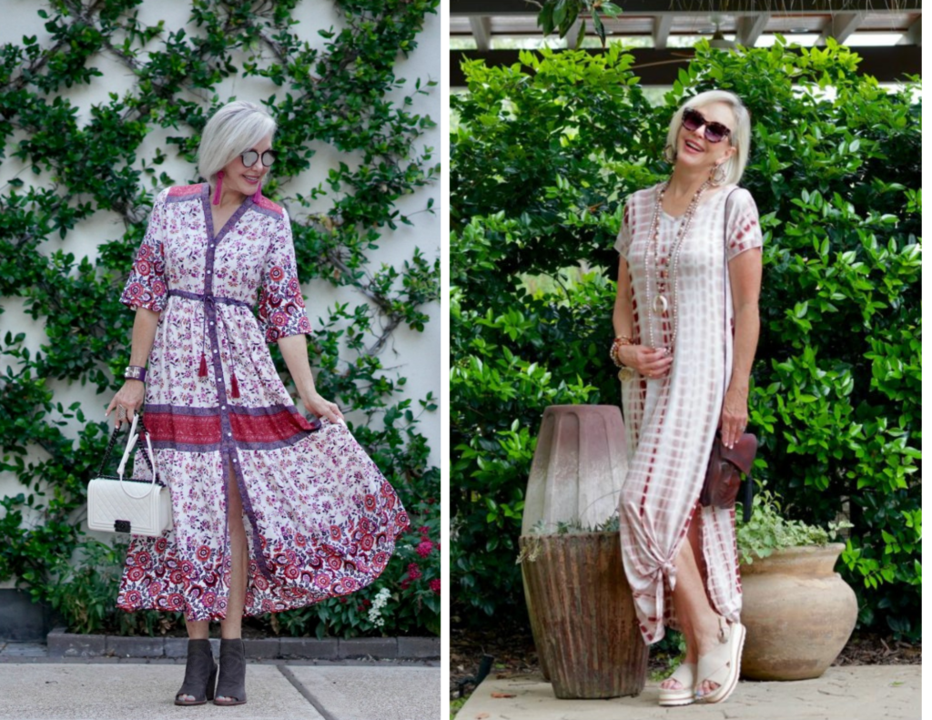 Collage of Sheree Frede of SheSheShow in maxi transitional dresses