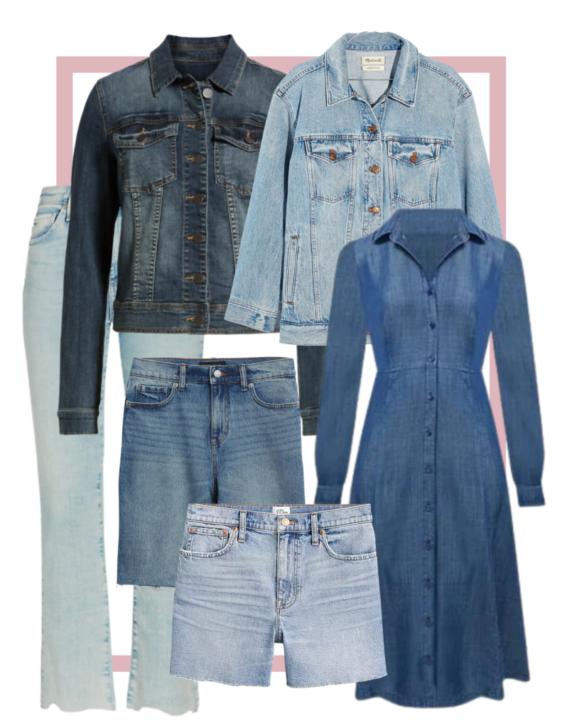 Collage of Denim on Denim styling for ways to style a denim jacket