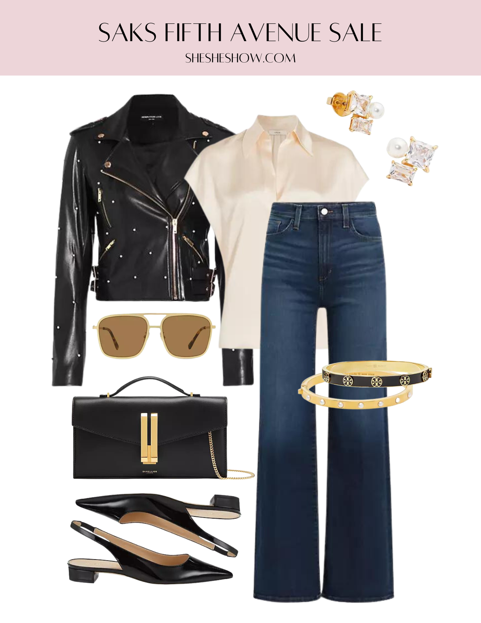 Sak Fifth Avenue Friends and Family Sale Collage of leather jacket, white blouse, jeans, gold sunglasses, black purse, black flats, and jewelry