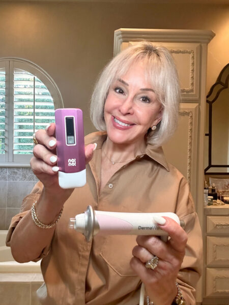 Skincare must-haves Sheree Frede holding the NO NO and the Dermawand device