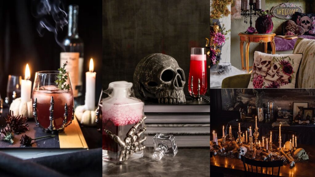 Collage of elegant gothic halloween decor