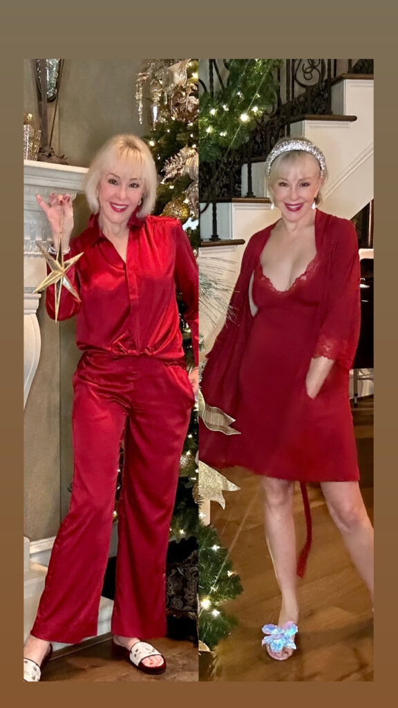 Sheree of the SheShe Show holding gifts by the fireplace wearing red satin pajama pant set and short red nigjt gown and robe from Soma Intimates
