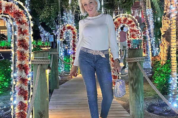 white tee with rhinestones and crystal jeans for holiday 2023