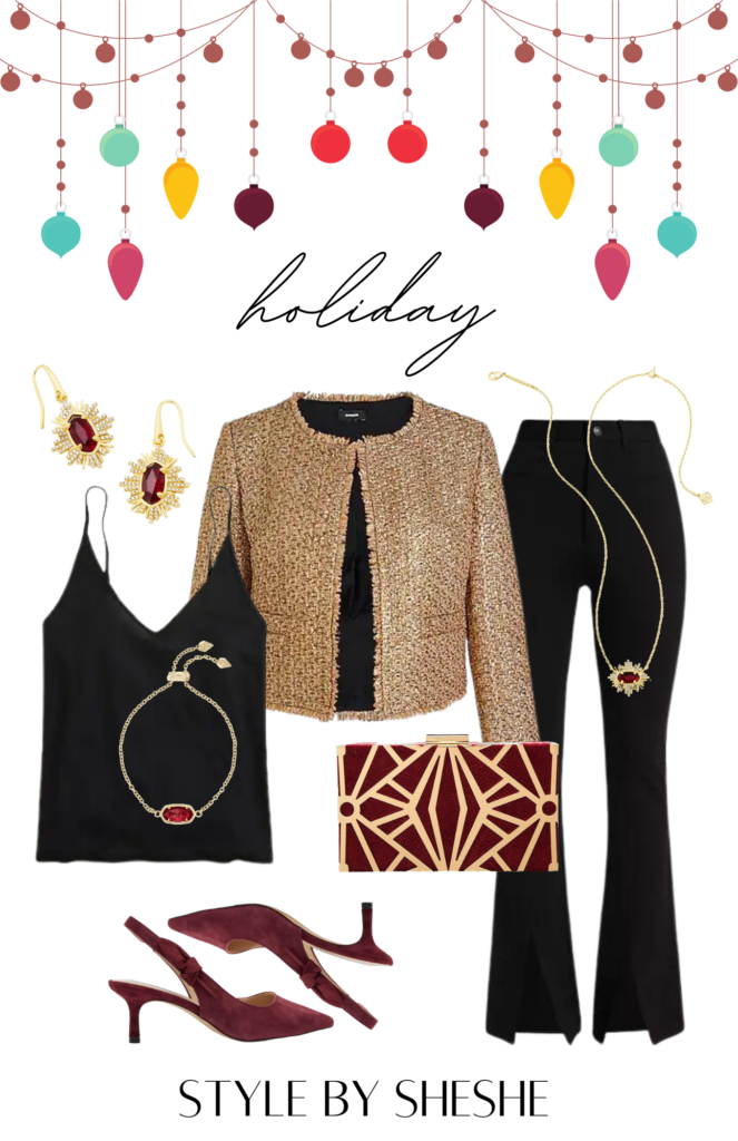 collage of holiday looks 2023 with burgundy heels, purse and jewelry, gold holiday jacket black pants