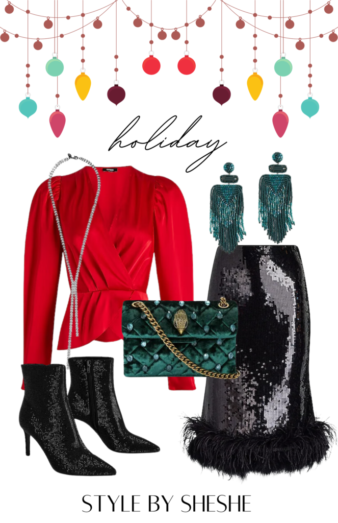 collage of fun holiday looks featuring red blouse, sequin feather skirt and emerald earrings and handbag