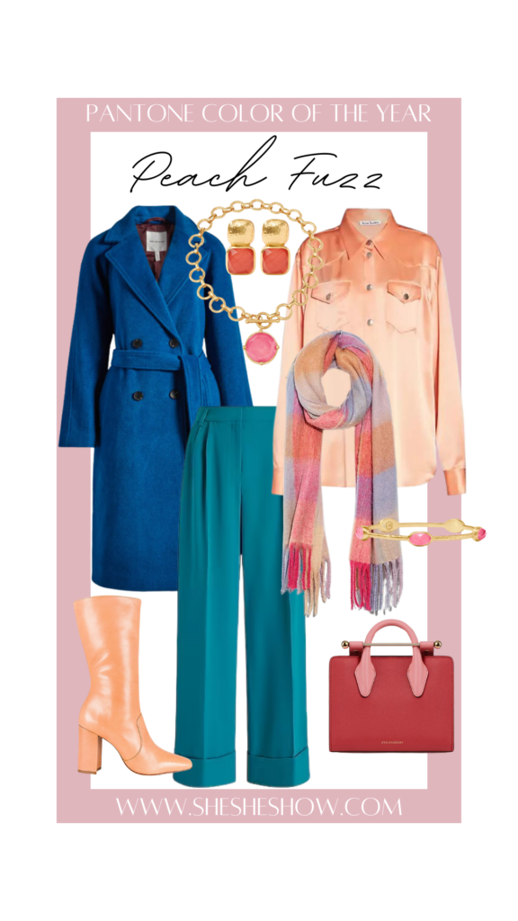 peach fuzz collage of blue trench coat, peach fuzz satin blouse, teal pants, plaid scarf, peach fuzz booties, and pink and red handbag
